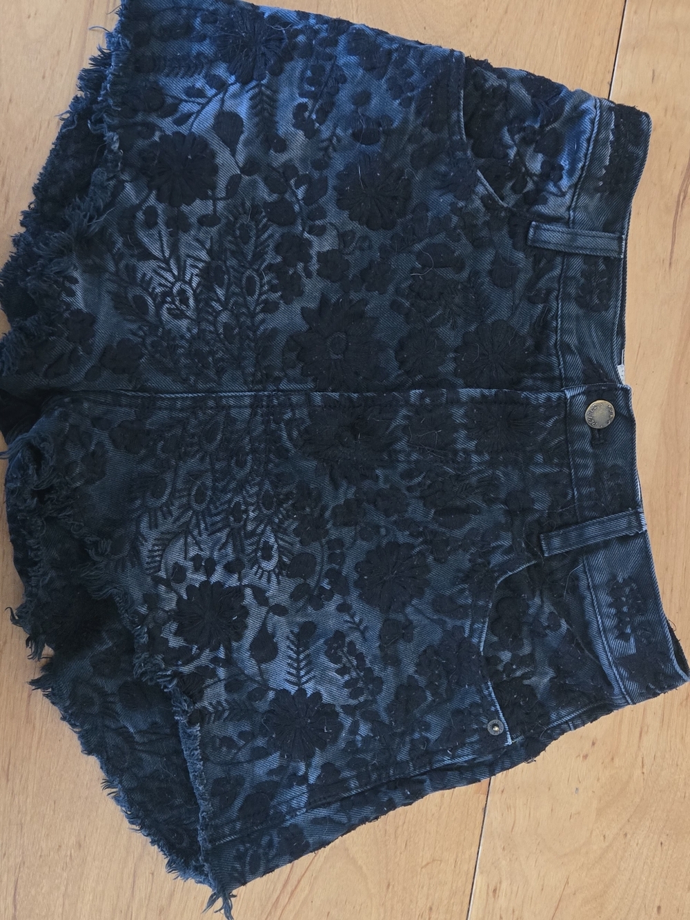 Free People Navy Floral Embossed Burnout Shorts